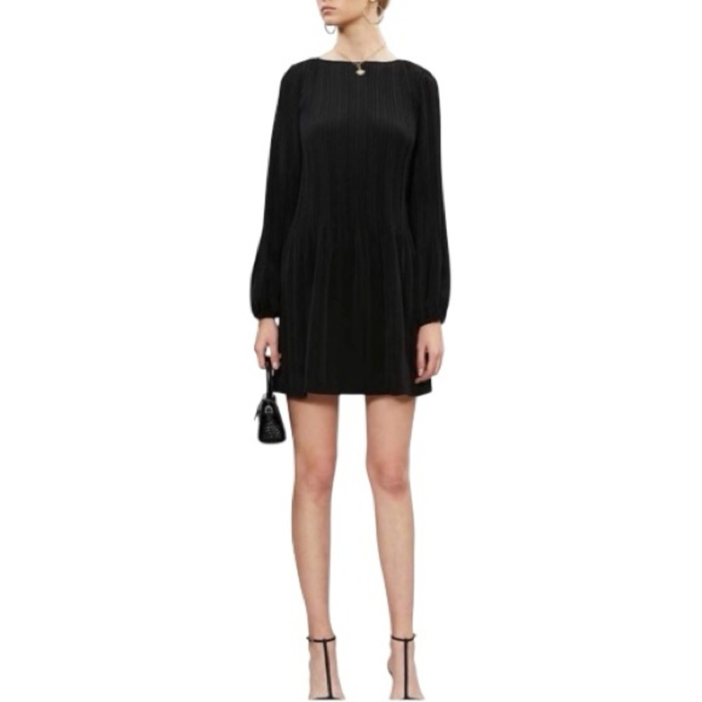 Maje Paris Rockin Plisse Pleated Black Mini Dress 2 Long Sleeve Flared Skirt LBD